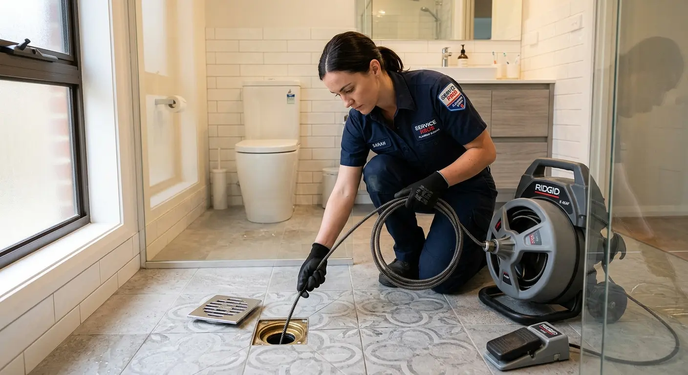 Technician clearing a bathroom floor drain for Hydro Jetting in Maryville
